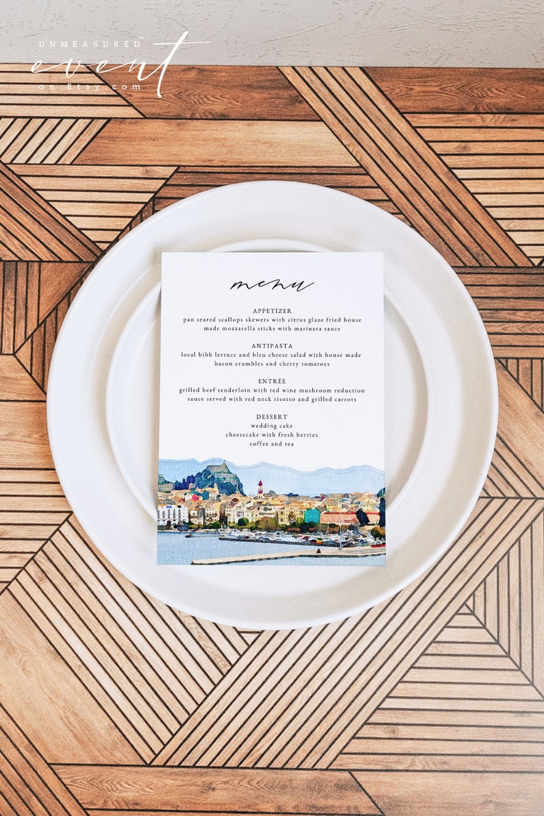 CORFU Wedding Menu Template, Corfu Skyline Table Menu Cards, Corfu Greece Watercolor Dinner Menu, Greek Wedding Menu Instant Editable image 2