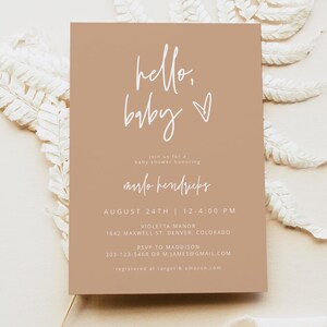 Plantilla imprimible de invitación para baby shower con tema bohemio moderno en tonos tierra de MARLO, invitación para baby shower de género neutro, Hello Baby