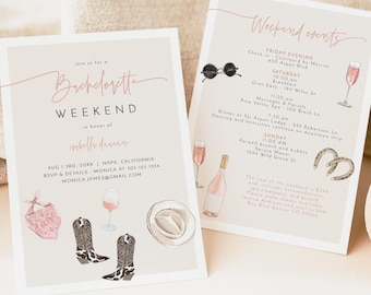 JADE Cowgirl Bachelorette Invitation & Itinerary Template, Wine Bachelorette Invite, Wine Country Bachelorette Invitation and Schedule Rodeo