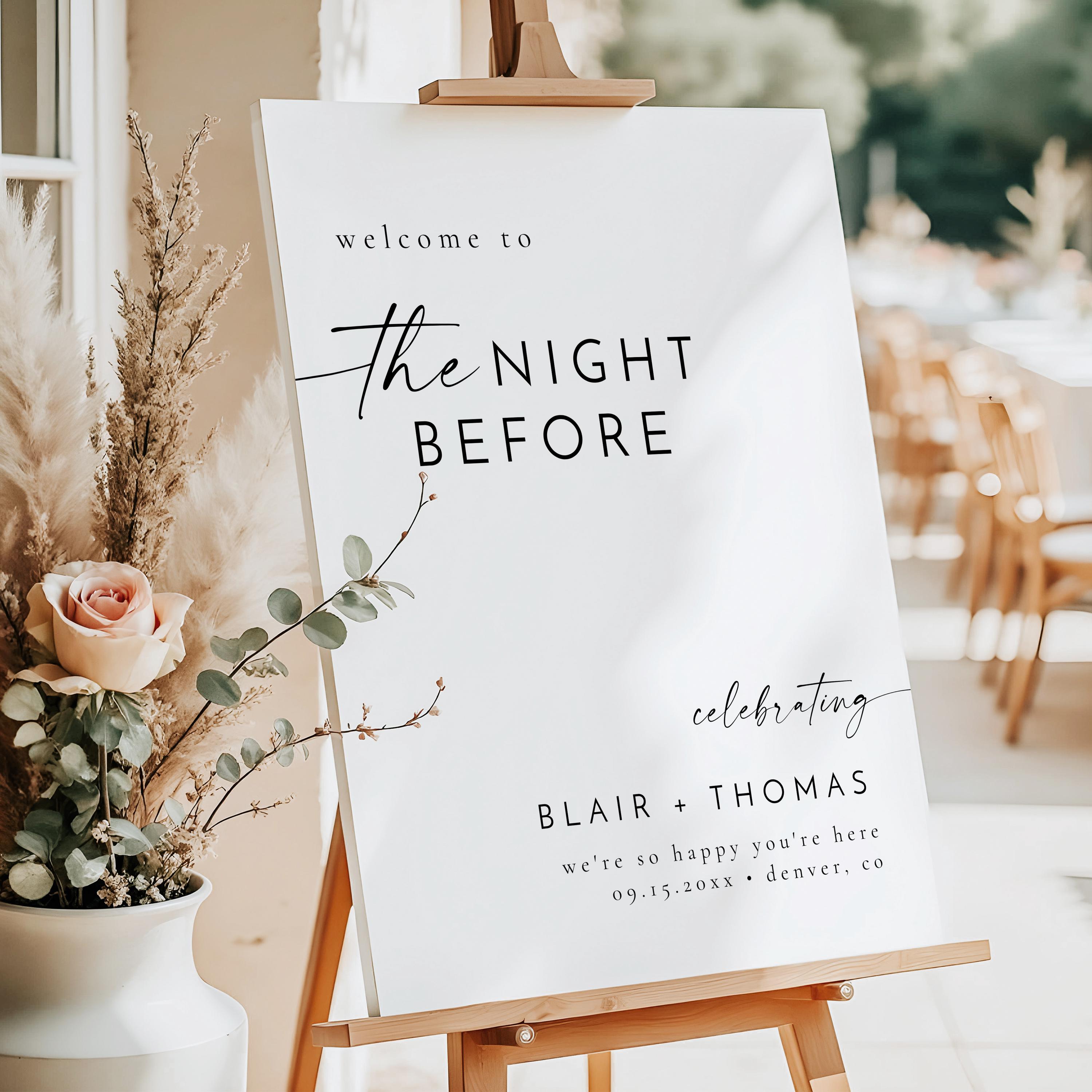 BLAIR PRINTED + SHIPPED Rehearsal Dinner Welcome Sign, The Night Before Sign, Modern Minimalist Wedding Sign, Boho Wedding Signage Simple
