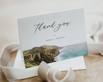 BIG SUR Thank You Card Template, Printable Thank You Card, Watercolor Big Sur Coastline Thank You Card, Wedding Bachelorette Instant Beach