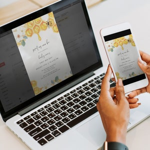May include: A digital invitation for a baby shower with a bee and honeycomb theme. The invitation reads "Sweet as can bee, baby's coming!" and includes the date and time of the event. The invitation is displayed on a laptop and a smartphone.