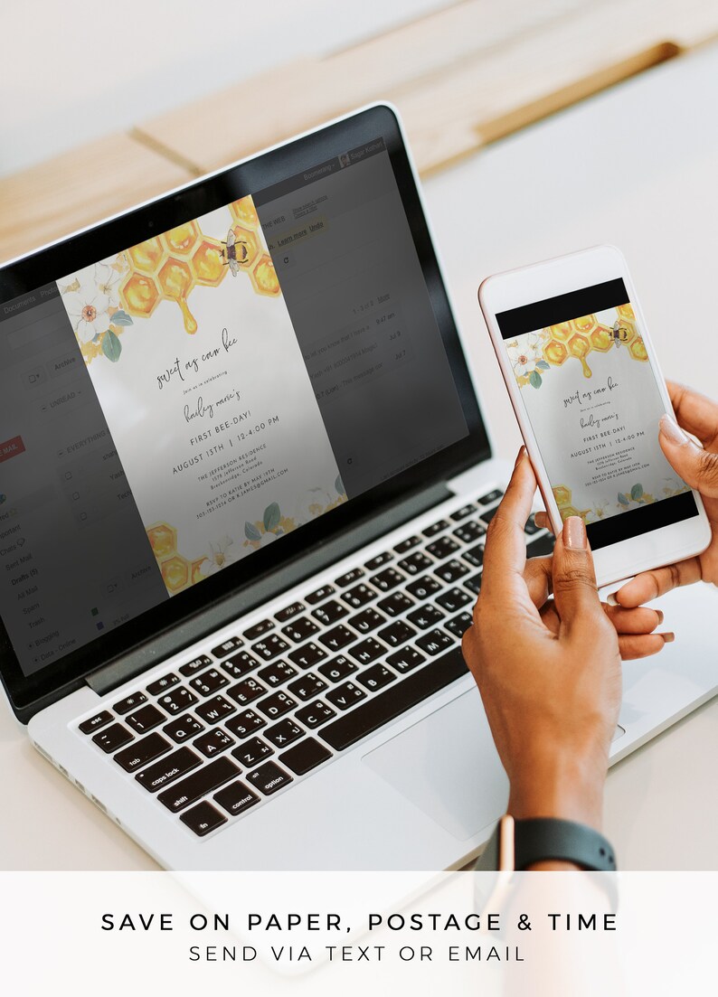 May include: A digital invitation for a baby shower with a bee and honeycomb theme. The invitation reads "Sweet as can bee, baby's coming!" and includes the date and time of the event. The invitation is displayed on a laptop and a smartphone.
