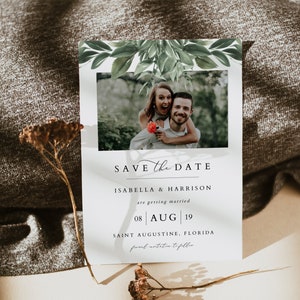 LANA aquarel groen foto Save the Date-sjabloon, wintergroen Save the Date-kaarten, afdrukbare Boho Save the Date-kaart Templett