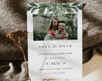 LANA Watercolor Greenery Photo Save the Date Template, Winter Greenery Save the Date Cards, Printable Boho Save the Date Card Templett