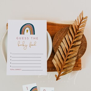 Gioco GITA Guess the Baby Food, giochi stampabili per baby shower Boho Rainbow, cartellino e cartello color senape con tonalità terra neutre per indovinare il cibo