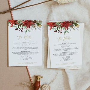 JOY Winter Enclosure Card Template, Printable Enclosure, Christmas Wedding Details Card, Accommodations Insert, Poinsettia Holiday December