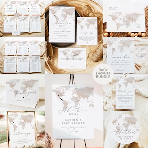 Adventure Baby Shower Bundle, Adventure Baby Shower Invitation Template, World Map Baby Shower Printable Set,  Travel Themed Suite CARMEN