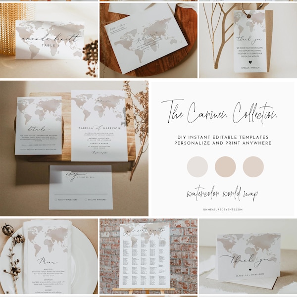 Watercolor Map Wedding Invitation Template Bundle, Travel Wedding Invitation, Abroad Wedding, Adventure Wedding Destination Wedding CARMEN