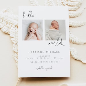 Faire-part de naissance minimaliste, Faire-part de nouveau-né, Faire-part de bébé, Faire-part de naissance avec photo, Bonjour tout le monde moderne avec photo ADELLA