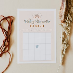 Bingo babyshowerspel, retro babyshowerspellen, jaren 70 thema babyshowerspellen Instant Download Sunburst Boy bewerkbare blauw oranje DIY TRIXIE