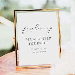EVELYN Minimalist Freshen Up Sign Template, Elegant Wedding Bathroom Sign Printable, Modern Script Toiletry Sign for Wedding Guests