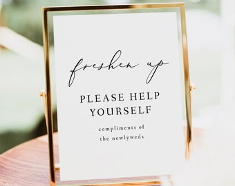 EVELYN Minimalist Freshen Up Sign Template, Elegant Wedding Bathroom Sign Printable, Modern Script Toiletry Sign for Wedding Guests