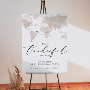 Modèle de plaque de bienvenue anniversaire Onederful World, plaque de bienvenue anniversaire sur le thème voyage, carte du monde aquarelle aventure premier anniversaire CARMEN