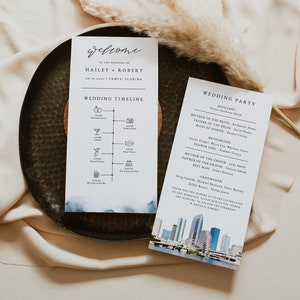 Modello di programma per matrimonio a TAMPA, cronologia matrimonio a Tampa stampabile, ordine del servizio dello skyline di Tampa, destinazione Tampa Florida con acquerello fai da te