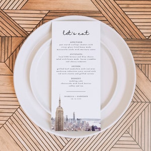 Szablon menu weselnego NEW YORK CITY, karty menu weselnego z akwarelowym widokiem na panoramę Nowego Jorku, karta długiego menu weselnego do wydrukowania natychmiastowego DIY