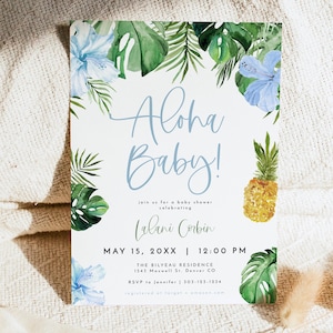 Aloha Baby Shower Invitation Template, Luau Baby Shower Invitation, Tropical Baby Shower, Beach Baby Shower Pineapple Hibiscus Boy LALANI