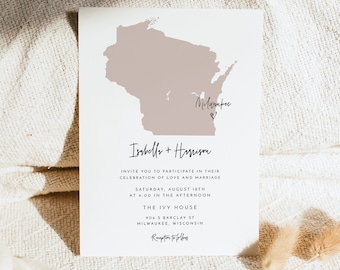 QUINN Wisconsin Wedding Invitation Template, EDITABLE Wisconsin Map Wedding Invite, Milwaukee Destination Wedding Travel Themed Madison DIY