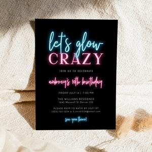 LOLA Neon Geburtstagseinladung Vorlage, Glow Party-Einladung Sofort-Download, Neon Blau und Pink Let's Glow Crazy Geburtstag einladen Evite