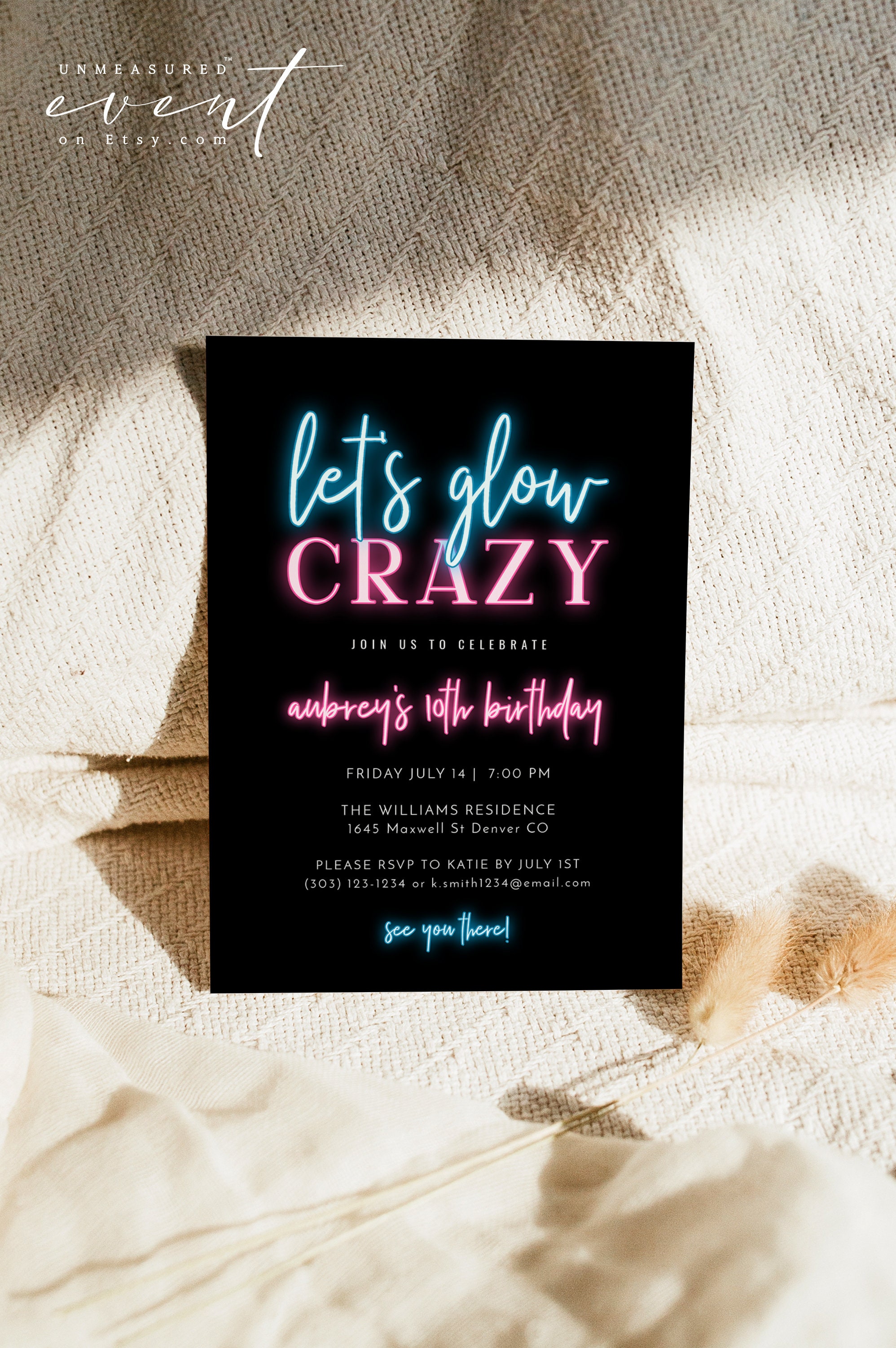 LOLA Neon Birthday Invitation Template, Glow Party Invitation Instant Download, Neon Blue and Pink Let's Glow Crazy Birthday Invite Evite