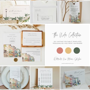 NOLA New Orleans Wedding Invitation Template Bundle, Bourbon Street Wedding Invitation, French Quarter Mardi Gras Wedding Set Printable