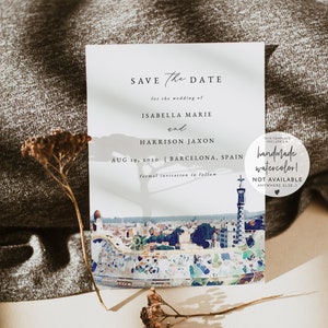 Marta - Barcelona Save the Date-sjabloon, aquarel Barcelona Save the Date-sjabloon, Spanje bruiloft Save the Date, Barcelona Skyline