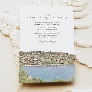 CHALKIDIKI Wedding Invitation Template, Halkidiki Wedding Invite, Greek Wedding Invitation, Greece Wedding Watercolor Skyline Photo Evite