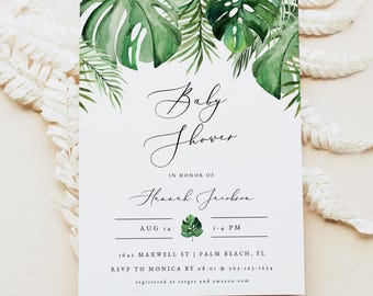 CORA Tropical Baby Shower Invitation Template, Beach Baby Shower Invitation, Palm Leaf Baby Shower Invite, Printable Baby Shower Invite