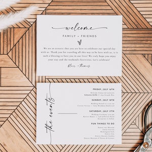 Modèle de carte d'événements de mariage minimaliste BLAIR, note de sac de bienvenue de mariage, calendrier des événements de mariage imprimable, calendrier de mariage moderne modifiable