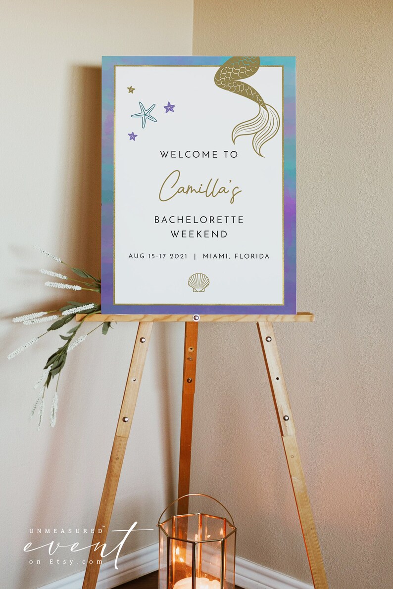 May include: A welcome sign for a bachelorette weekend with a mermaid tail graphic, stars, and a seashell. The sign reads "Welcome to Camilla's Bachelorette Weekend Aug 15-17 2021 | Miami, Florida"