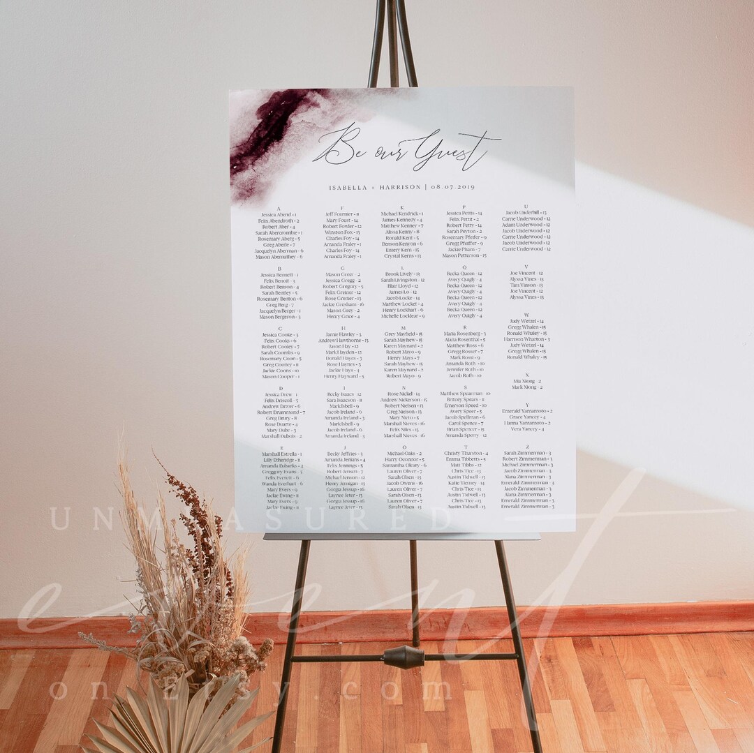 Burgundy Wedding Alphabetical Seating Chart Template, Wine Seating ...