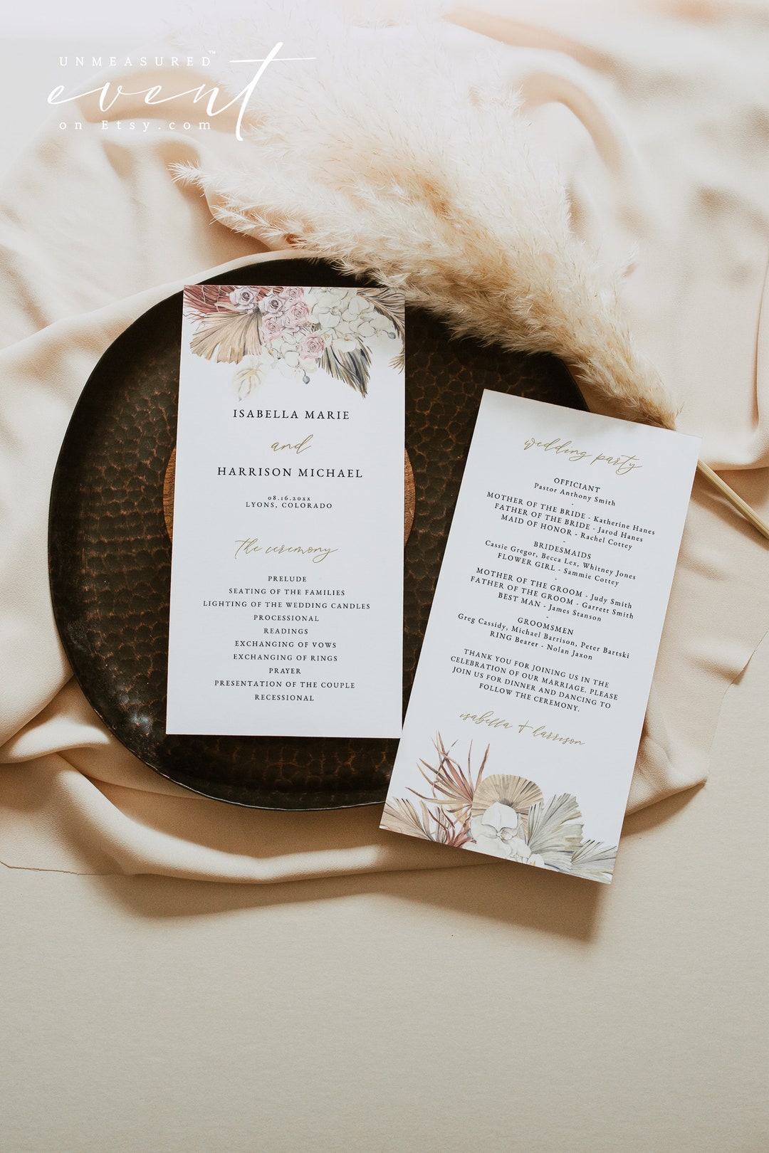 Bohemian Wedding Program Template, Beach Wedding Program, Dry Pampas ...