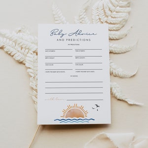 Modello di scheda per consigli e previsioni per baby shower a tema surf OCEANSIDE Gioco per baby shower sulla spiaggia tropicale stampabile