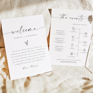 Plantilla de carta de bienvenida de boda minimalista de BLAIR, cronología de iconos de boda imprimible, carta de bolsa de bienvenida de boda minimalista moderna para eventos de fin de semana
