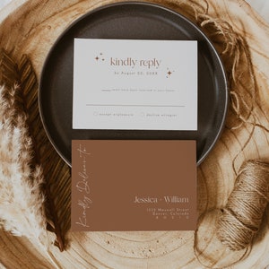Boho RSVP-kaartsjabloon, Boho RSVP-kaart afdrukbaar, Burnt Orange Wedding RSVP-kaart, Celestial Star RSVP-kaart, Desert Terracotta RSVP GALA