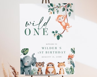 WILDER Wild One First Birthday Welcome Sign Template, Safari Birthday Welcome Sign Printable, Jungle Animal Birthday Welcome for Boys DIY