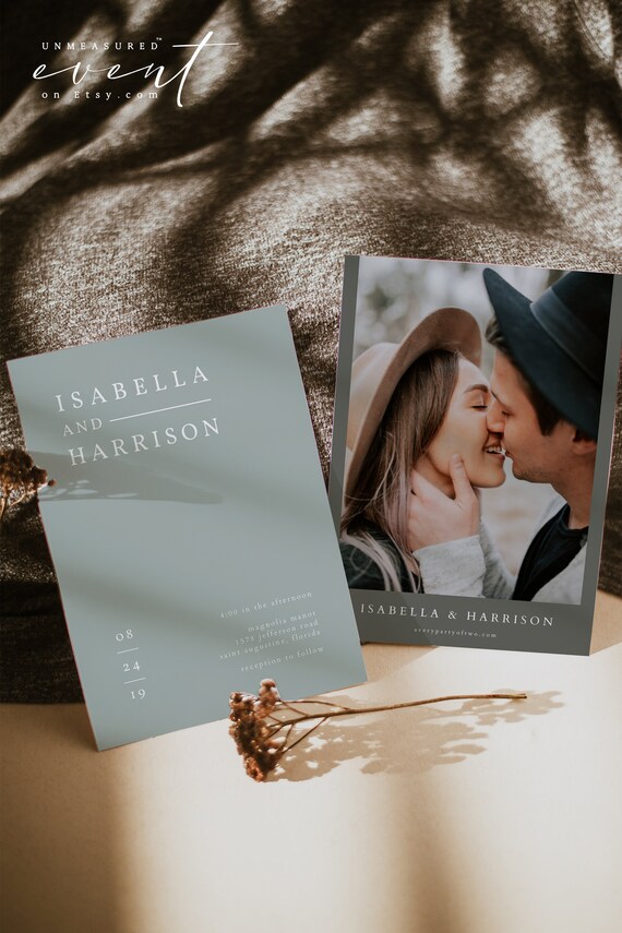5 to 7 Piece Suite Hazel Dusty Sage Light Green Modern Minimalist Wedding Invitation Template DIY Edit Printable TEMPLETT Belly Band