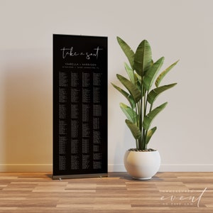 Bruiloft zitplaatsen grafieksjabloon, roll-up banner zitplaatsen grafiek, intrekbare zitplaatsen tabel direct DIY bewerkbaar, lange zitplaatsen modern zwart JOVI