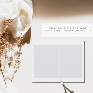 May include: A white sheet of paper with two blank rectangles printed on it. The paper is on a white surface with a pair of gold scissors. The text "PRINT MULTIPLE PER PAGE PDF + SAVE PAPER + SHOW TRIM" is printed on a white rectangle at the top of the image.