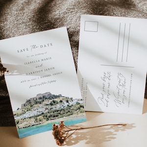 Rhodos Save the Date Vorlage, Rhodos Island Skyline Hochzeit Save the Date, Aquarell Griechenland Save the Date, griechisch Lindos Bay Postkarte DIY