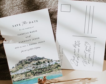 Rhodes Save the Date Template, Rhodes Island Skyline Wedding Save the Date, Watercolor Greece Save the Date, Greek Lindos Bay Postcard DIY