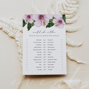 KALANI Would She Rather Bridal Shower Game, Tropical Bridal Shower Games, Printable Bridal Shower Games, Pink Hibiscus Luau Island Beach DIY