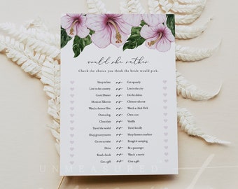 KALANI Would She Rather Bridal Shower Game, Tropical Bridal Shower Games, Printable Bridal Shower Games, Pink Hibiscus Luau Island Beach DIY