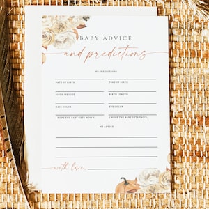 Puede incluir: Una tarjeta blanca con un dise&ntilde;o floral y el texto "BABY ADVICE and predictions". La tarjeta tiene una secci&oacute;n para predicciones, incluyendo la fecha de nacimiento, la hora de nacimiento, el peso al nacer, la longitud al nacer, el color del cabello y el color de los ojos. Tambi&eacute;n tiene una secci&oacute;n para consejos.