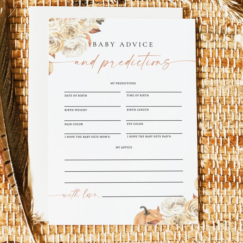 Puede incluir: Una tarjeta blanca con un dise&ntilde;o floral y el texto "BABY ADVICE and predictions". La tarjeta tiene una secci&oacute;n para predicciones, incluyendo la fecha de nacimiento, la hora de nacimiento, el peso al nacer, la longitud al nacer, el color del cabello y el color de los ojos. Tambi&eacute;n tiene una secci&oacute;n para consejos.