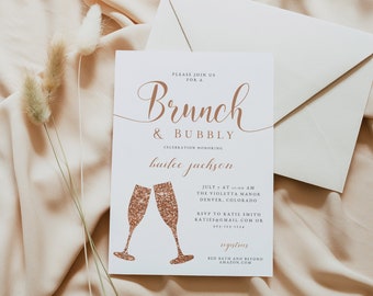 VIVIEN Rose Gold Bridal Shower Invitation Template, Brunch and Bubbly Invitation, Champagne Bridal Shower Invite, Instant Download Glitter