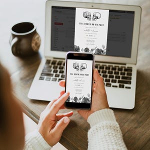 May include: A digital wedding invitation with a black and white illustration of two skulls with flowers. The text reads "Till Death Do Us Part" and includes the couple's names and wedding date.