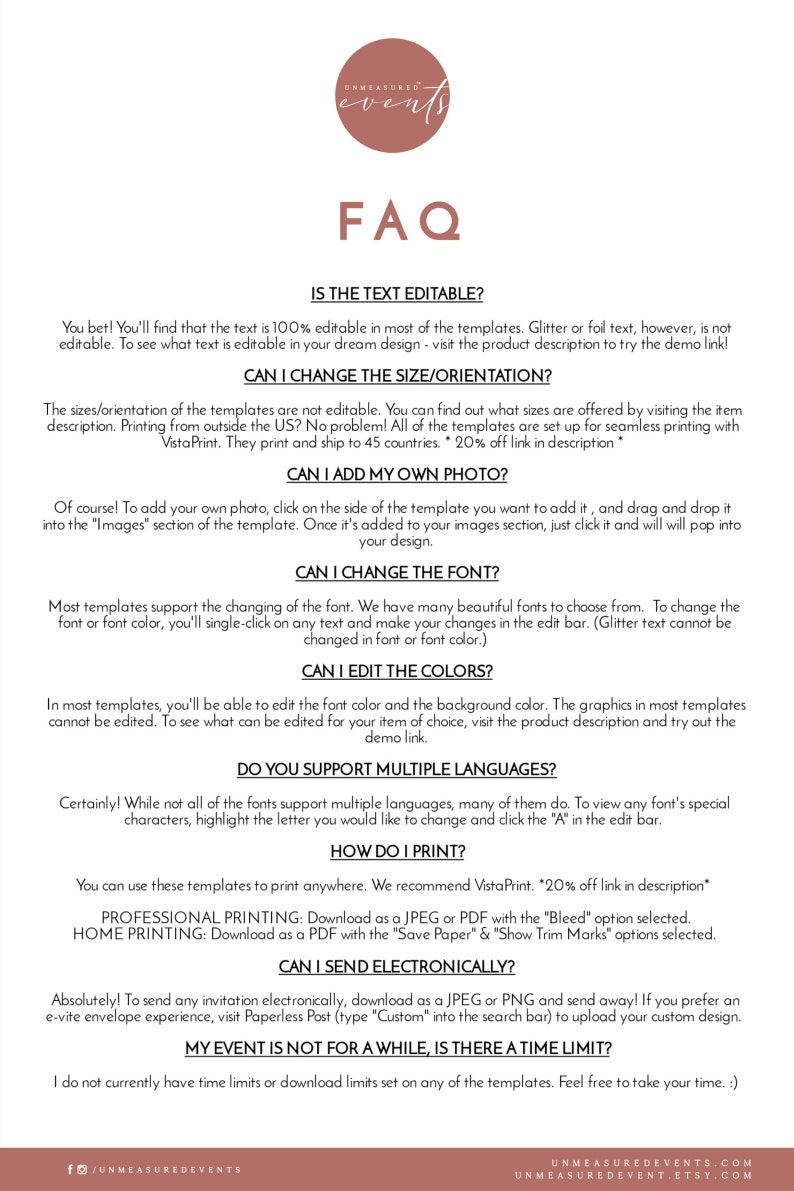 Op de afbeelding: Een pagina met veelgestelde vragen (FAQ) voor afdrukbare evenementensjablonen. De pagina bevat informatie over het bewerken van tekst, het toevoegen van foto's, het wijzigen van lettertypen, het bewerken van kleuren, het ondersteunen van meerdere talen, afdrukopties en elektronisch verzenden. De pagina geeft ook aan dat er geen tijds- of downloadlimieten zijn voor de sjablonen.