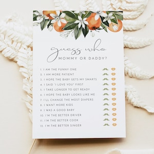 CALLIOPE PRINTED + SHIPPED Baby Shower Game, Guess Who Baby Shower Game, Mommy or Daddy Baby Game, Little Cutie Orange Citrus White Floral
