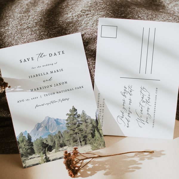 TETON NATIONAL PARK Save the Date Template, Wyoming Postcard Save the Date, Mountain Wedding Save the Date, Travel Outdoor Camping Forest